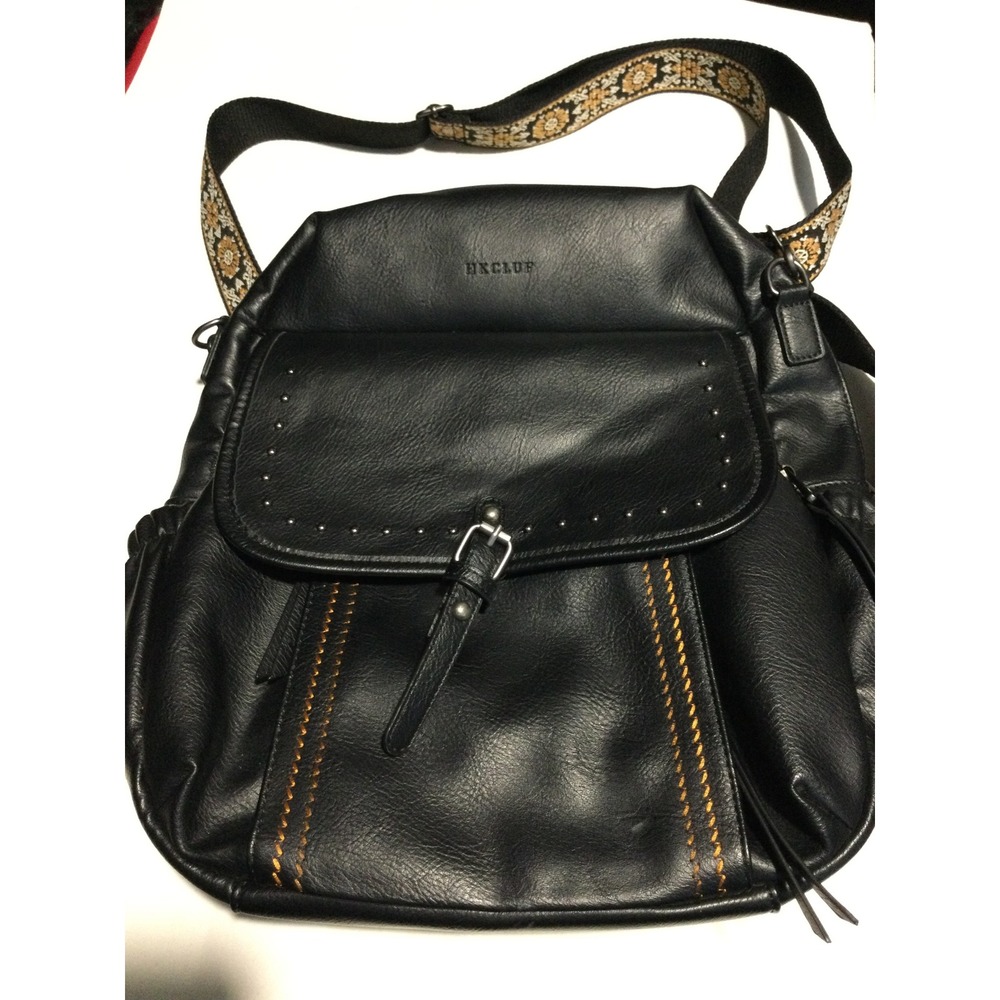 HKCLUB Black Faux Leather Studded Backpack with‎ Woven Guitar Strap Boho Bag